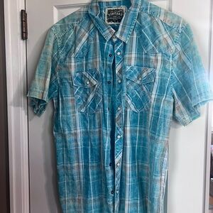 BKE Blue Casual Button Down Shirt with Western Style